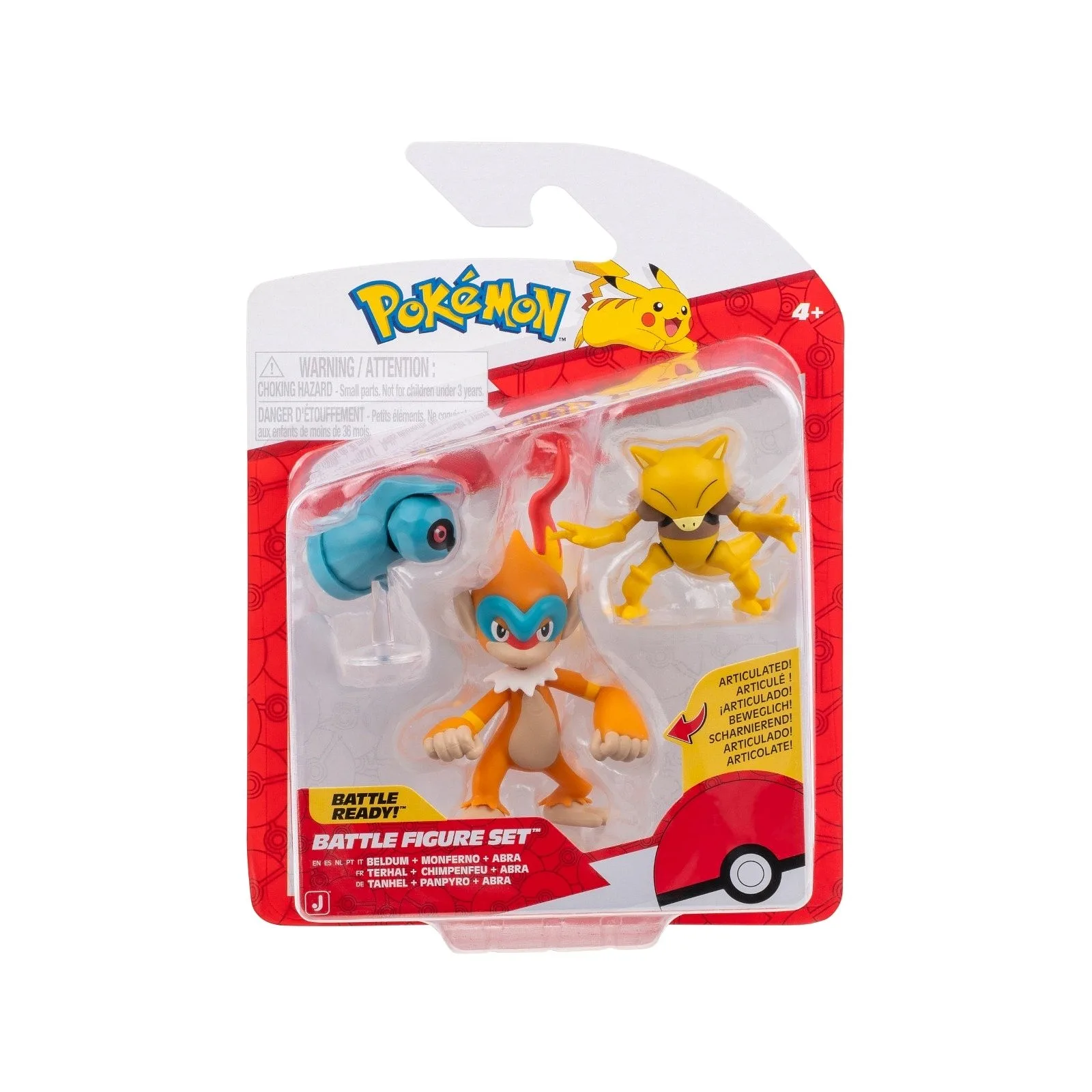 JAZWARES Battle Figure Pack: Pokemon - Beldum with Stand, Abra & Monferno